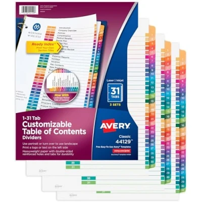 Image of Avery 1 31 Tab Dividers for 3 Ring Binders, Customizable Table of Contents, Multicolor Tabs, Sets (44129)