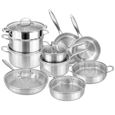 Image of Stainless Steel Pots and Pans Set 17pcs Cookware with Glass Lids Induction Hob Pot Cooking Saucepan &amp; Frying Pan by Nuovva