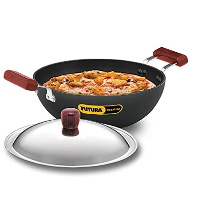 Image of Hawkins Futura 3.5 Litre Deep Kadhai, Non Stick Kadai with Stainless Steel Lid, Flat Bottom Induction Black (INK35S)