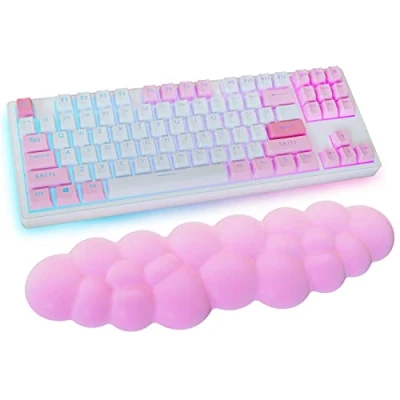 Image of Cloud Wrist Rest Keyboard, Pink Palm with PU Leather Memory Foam Cute Keyboard for Support and Arm Rest, Desk Pad PC Gaming/Hand Cushion/Computer/Office