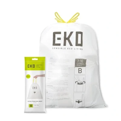 Image of EKO Size B Bin Liners For Kitchen Bins Extra Strong Bags with Drawstring Tie Handles 7 9 Litre Capacity 25 Bags, White