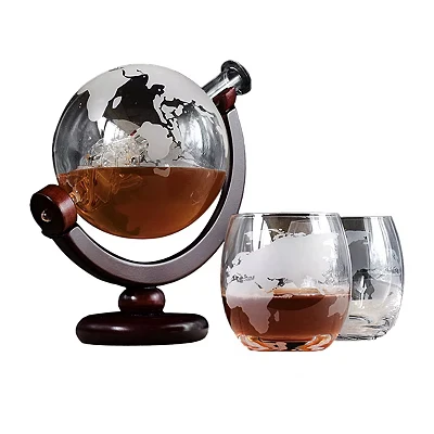 Image of InGenious Globe Decanter Set Ornate Novelty Whisky Carafe with Tumblers