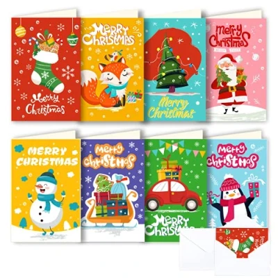 Image of SULOLI Christmas Greeting Cards,16 Pack Cards with 16 White Envelopes Personalised Xmas Packs(8 Designs)
