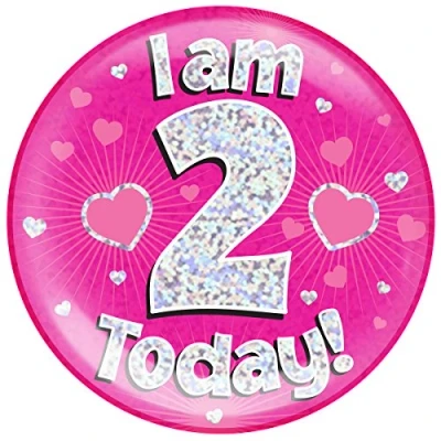 Image of OAKTREE UK 633032 6&quot; Jumbo Badge I am 2 Today Pink Holographic Dot