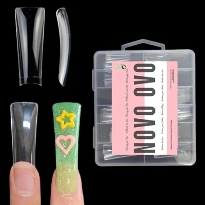 Image of NOVO OVO Duck Feet Nail Tips, Extra Super Long Half Cover for Press On Acrylic, Clear XXL XXXL Y2K Wide French Winter Flare Soft Gel Extension Salon DIY x 11 Sizes 110 pcs