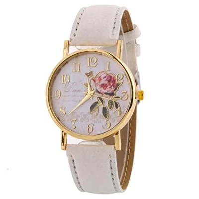 Image of HshDUti Women&#039;s Fashion Rose Flower Printed Round Dial Faux Leather Strap Quartz Analog Wrist Watch Ladies Watches Girls Christmas Birthday Gifts White
