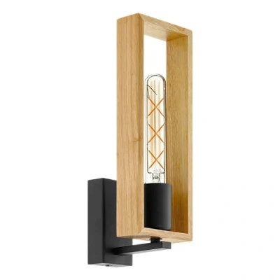 Image of Eglo Indoor Wall Light Littleton, Vintage lamp in Industrial Design, Retro Lighting Made of Steel and Wood, Colour Black, Brown, Socket E27, FSC Certified
