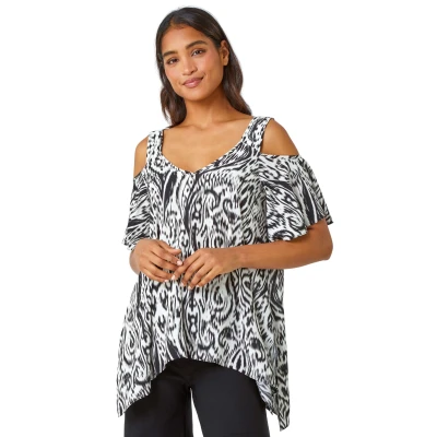 Image of Roman Womens Aztec Cold Shoulder Hanky Hem Top Black viscose Size 10 UK