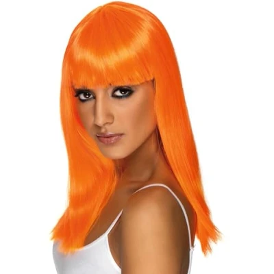 Image of Smiffys Glamourama Wig, Neon Orange Long, Straight with Fringe, Ladies Glamour Wigs Fancy Dress, Adult Dress Up