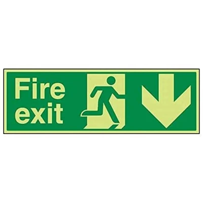 Image of V Safety 14002BJ GS Glow In The Dark Fire Exit Arrow Down Sign 450mm x 150mm Self Adhesive Vinyl