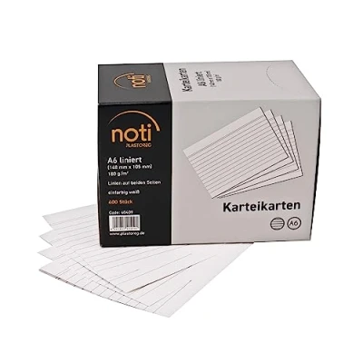 Image of Index Cards A6, 148 x 105 mm, Lined, White, Pack of 400 in Practical Dispenser Box, for Vocabulary, as Flashcards, Presentation Cards, Office and School 180 g/m²