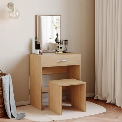 Image of Vida Designs Dressing Table Isla 1 Drawer Mirror &amp; Stool Bedroom Set Makeup Vanity Cosmetics Storage Desk Dresser Furniture Pine