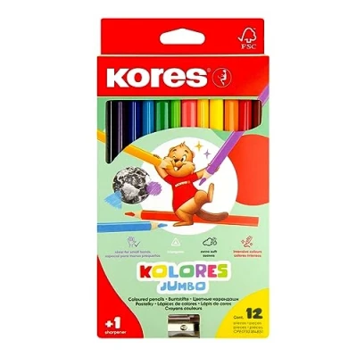 Image of Kores Kolores Jumbo, 12 Thick Colouring Pencils Coloured with Soft Lead, Triangular Shape, Sharpener Included Jumbo Pencils, Kids Set of Assorted