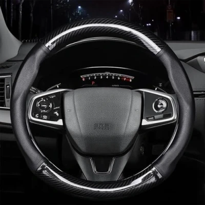 Image of Autsop Car Steering Wheel Cover Leather Microfibre Carbon Black Universal Diameter 38 cm