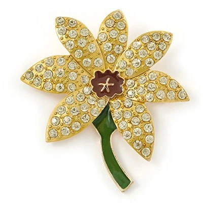 Image of Avalaya Yellow/Green Enamel Crystal Daffodil Brooch in Gold Plating 55mm L