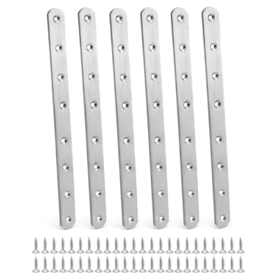 Image of QWORK Stainless Steel Perforated Plate Flat Connectors, Bracket Metal Wood Corner Brackets, with 48 Mounting Screws, 295 mm, Pack of 6 (WD6667)