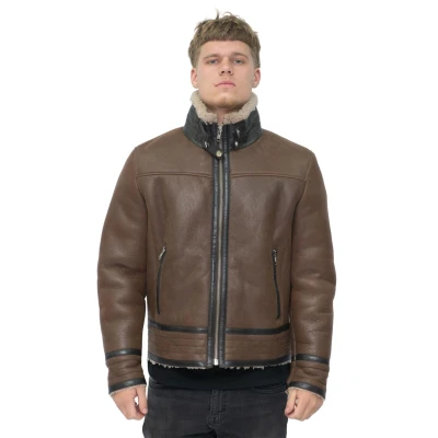 Image of Men&#039;s Brown Tan Retro RAF Pilot Real Sheepskin Shearling Biker Leather Jacket XL