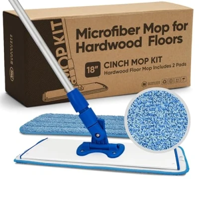 Image of Cinch Mop Microfiber for Hardwood Floors Flat Mops System Wood, Tile, Laminate, Vinyl, 2 Wet Pads Refills, Reusable Micro Fiber Mopping Heads