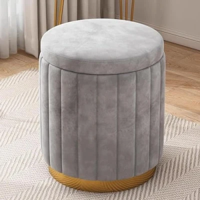 Image of GQQDDD Round Velvet Storage Ottoman,Modern Entryway Upholstered Footrest Vanity Stool With Removable Lid, Gold Metal Base Foot Stools For Living Room Bedroom Dorm(Color:grey)