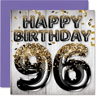 Image of 96th Birthday Card for Men Black &amp; Gold Glitter Balloons Happy Cards 96 Year Old Man Dad Great Grandad Grandpa Gran, 145mm x Ninety Six Sixth Bday Greeting Gift