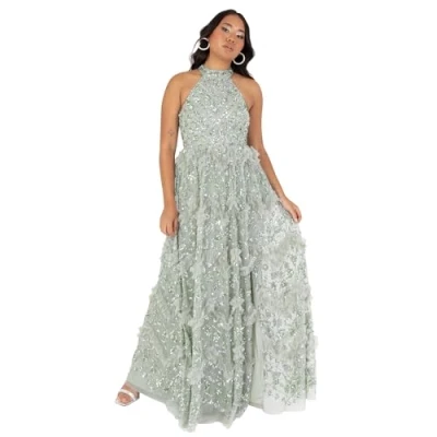 Image of Maya Deluxe Women&#039;s Maxi Dress Ladies Halterneck Sleeveless Sage Sequin Embellished Ruffles Split Slit A line Evening Ball Gown Green Lily 10