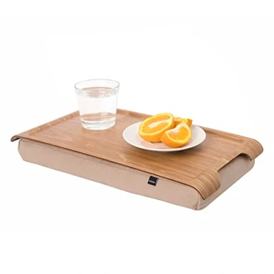 Image of Bosign Laptray with bean bag cushion. Portable Lap desk for Laptop, Breakfast, Dinner. Washable, removable cushion cover. Natural Willow Wood. Brown MINI (43x23x6,5 cm)
