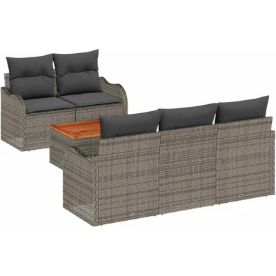 Image of vidaXL 6 Piece Garden Sofa Set with Cushions Grey Poly Rattan Acacia