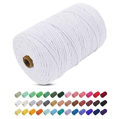 Image of Uiopa Macrame Cord 3mm x 200m, Thick Rope Yarn Soft Natural Cotton Cord, Coloured 4 Ply String for DIY Craft, Plant Hangers, Wall Hanging, Christmas Decorations (White)