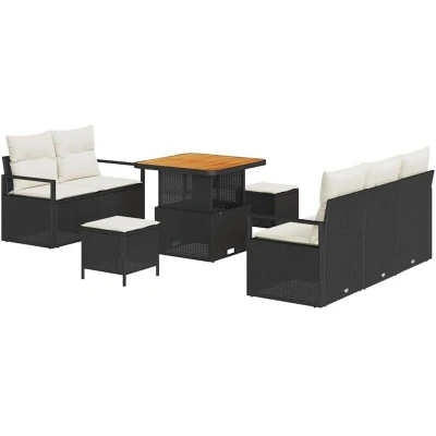 Image of vidaXL 8 Piece Garden Sofa Set with Cushions Black Poly Rattan Acacia