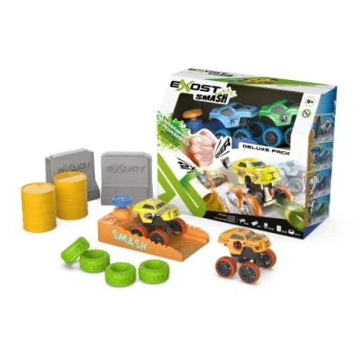 Image of Exost Smash and Go Deluxe Collectable Car Racing Set, Friction Powered with Press to Release, Pack of 2 Mini Cars 8 Accessories Launcher, Gift for Boys Girls