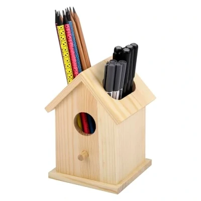 Image of BELLE VOUS Wooden Pen &amp; Pencil Holder for Desk Birdhouse Tidy Organiser Home, School or Office Supplies Storage Pot Cosmetics/Makeup