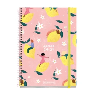 Image of Miquelrius School Diary 2024 2025, September to June Size 154 x 215 mm, Week View, Lined Cardboard Cover, Pink Metallic Spiral Binding, Spanish and English, Lemons