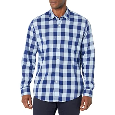 Image of Amazon Essentials Men&#039;s Slim Fit Long Sleeve Poplin Shirt, Blue Buffalo Check, S