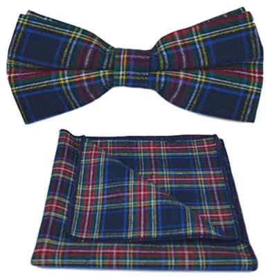Image of King &amp; Priory Traditional Navy Blue Tartan Bow Tie Pocket Square Set, Check, Plaid