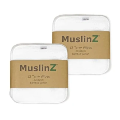 Image of MuslinZ 24PK Wipes Bamboo Cotton Terry 20x20 cms Wash Cloth Washable reuseable Baby (White)
