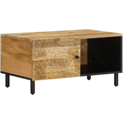Image of vidaXL Solid Mango Wood Coffee Table 80x50x40 cm Brown Rectangular Sofa with Iron Legs, Retro Hand Carved Floral Pattern for Living Room