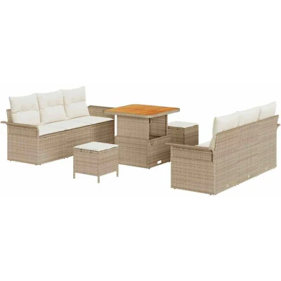 Image of vidaXL 9 Piece Garden Sofa Set with Cushions Beige Poly Rattan Acacia