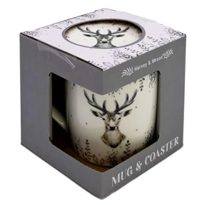 Image of RSW Christmas Stag Mug and Coaster Set 350ml Bone China Gift Idea for Xmas Themed Mug, UK Design, Hot Drinks, Tea, Coffee