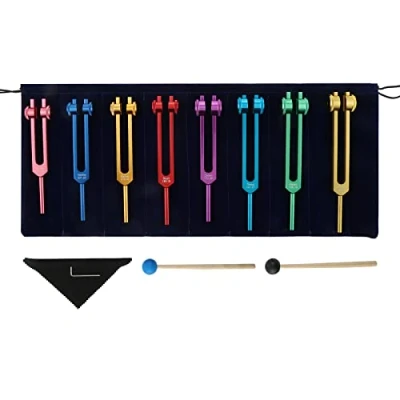 Image of Chakra Tuning Forks Set, 7 and 1 Soul Purpose Weighted with 2 Silicone Hammer, Bag, Cleaning Cloth, for Healing, Sound Therapy, Musical Instrument, Balancing, Vibration (Colorful)