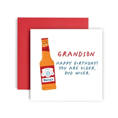 Image of Huxters Birthday Cards for Men Older Bud Wiser Grandson Card him Funny Fathers Day Fun Happy 14.8cm (Grandson)