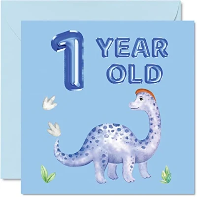 Image of 1st Birthday Card Dinosaur &amp; Balloons Happy 1 Year Old Boy, Boys Cards for Him, 145mm x Greeting Son Nephew Grandson Kid Children