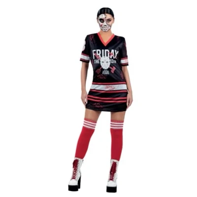 Image of Smiffys Friday the 13th Ladies Costume, Printed Hockey Dress in Black, White, and Red, Officially Licensed, Quality Material, Perfect for Groups, Stag Hen Nights, Halloween, Themed Events