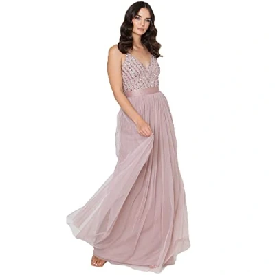 Image of Maya Deluxe Women&#039;s Ladies Maxi Dress Long Length Wedding Guest Bridesmaid Prom Summer Evening Gown V Neck Straps Bow Tie, Frosted Pink, 22