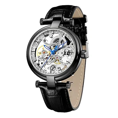 Image of Carlien Skeleton Automatic Steampunk Watches Gold Tone Luminous Hands Leather Strap Wrist Watch, Black Silver, 40mm, Retro