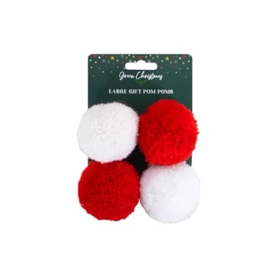 Image of RSW Pack of 4 Large Christmas Pom Gift Present Toppers Red/White/ Wrap Accessory Bow Perfect for Decorating Gifts, Presents, Xmas