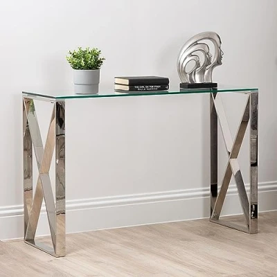 Image of 120cm Console Table for Living Room Furniture, Slim Hallway with Modern Stainless Steel Frame and Tempered Glass Top, Narrow Entryway