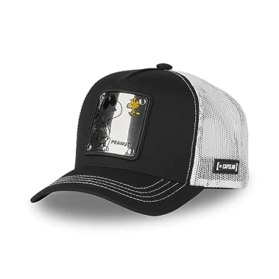 Image of Capslab Snoopy The Peanuts Black White Metal Plate Trucker Cap