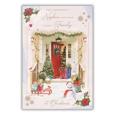 Image of ICG Wonderful Nephew and your Lovely Family Christmas Card Festive Porch Snowman Embossed with Foil Flitter Details