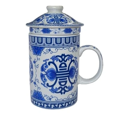 Image of Porcelain Chinese Tea Mug with Infuser and Lid Floral Longevity Pattern