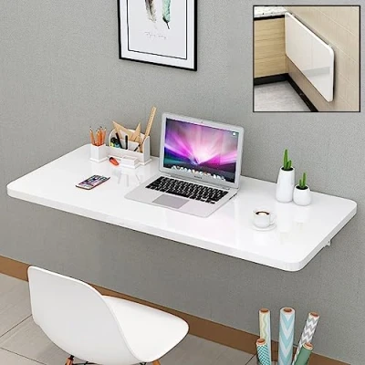 Image of NUACOS Wall Folding Desk Table, Mounted Table with Drop Leaf, Premium Wood Space Saving, Computer Children Kitchen Dining Table,80x50cm